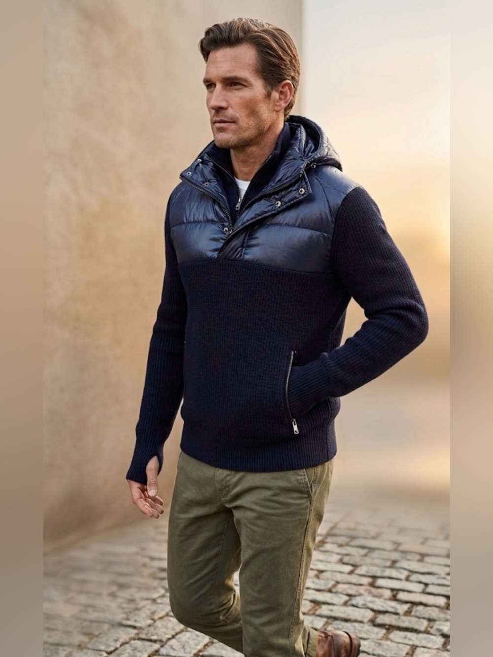 RLX Ralph Lauren Mens Blue Hybrid Puffer Merino Wool Sweater Jacket